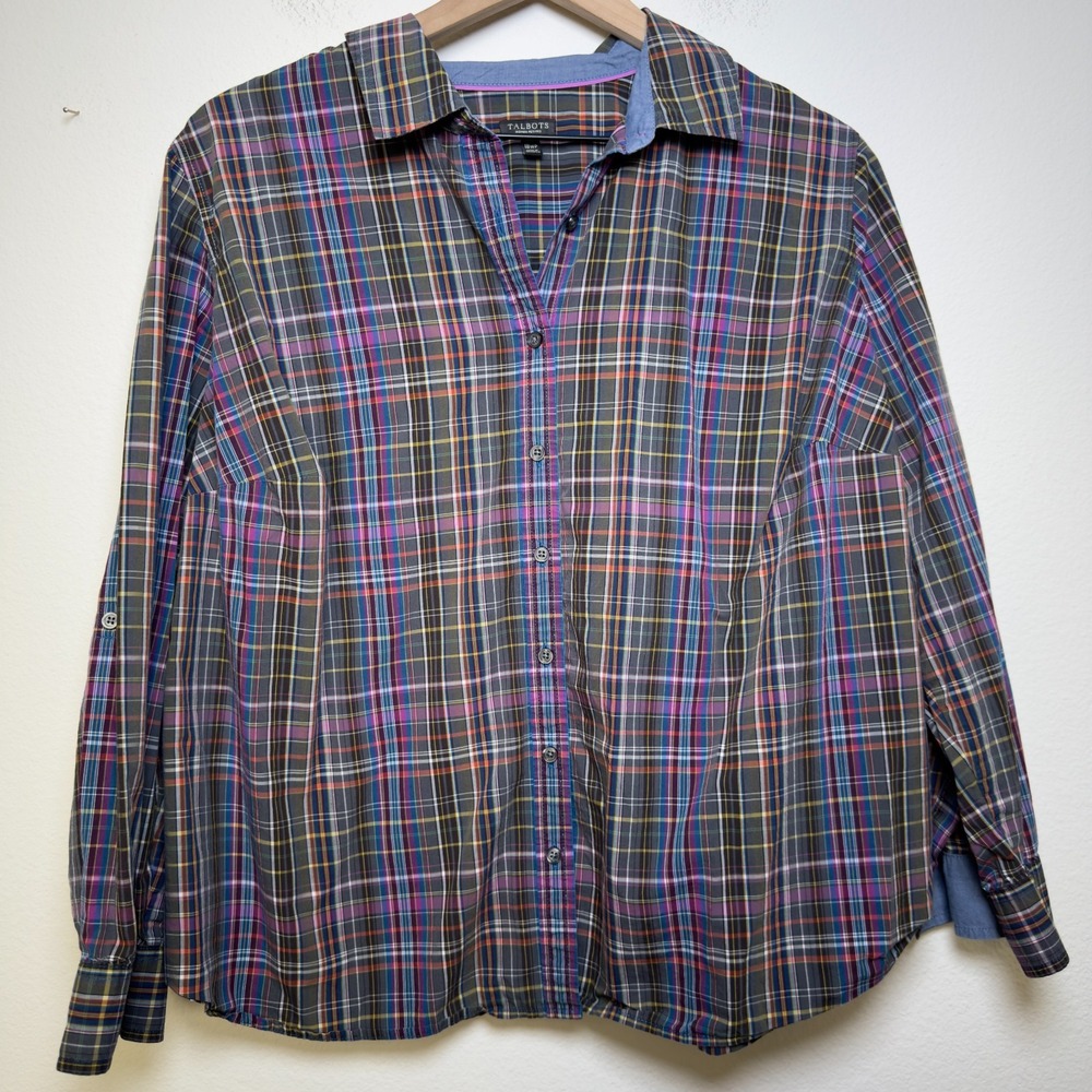 Talbots‎ Women Button Front Plaid Shirt 18W Petite Purple Academia Preppy Long